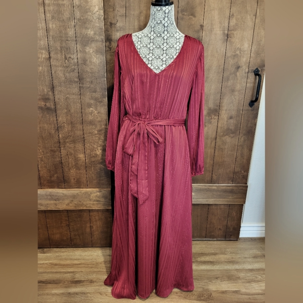 Solid Pocket Lantern Sleeve Belted Sequin Dress NWOT